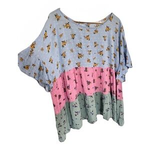 Chic Soul Floral Tiered Babydoll Top Blue Pink Boho Pastel Swiss Dot Ruffle